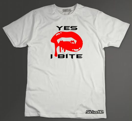 Discover Yes I Bite Biting Lips with Fangs T Shirt in Black or White Tee - Halloween funny vampire party shirt