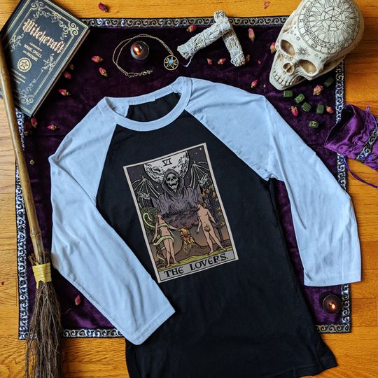 Discover The Lovers Tarot Card Raglan Grim Reaper Halloween Long Sleeve Shirt Gothic Clothing Men Witch Raglan Spooky Shirt Women Gifts for Witches