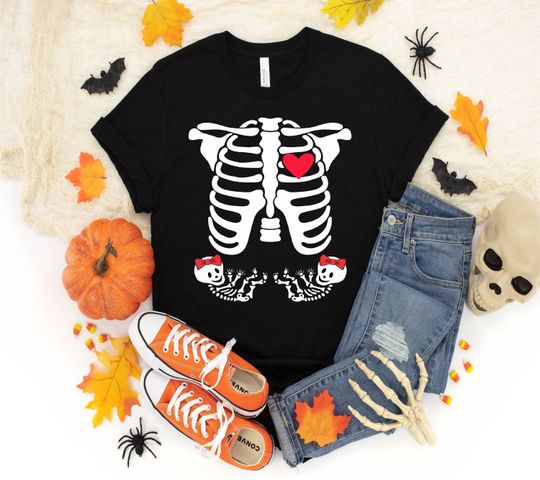 Discover Skeleton Pregnancy Shirt Girl Twins X-Ray Pregnant Halloween T-Shirt For Men Womens Girls, Halloween  Long Sleeve, Sweatshirt, Hoodie