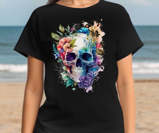 Discover Bloom Skull TShirt - Cottagecore Tee, Floral Skull T-Shirt, Gothic Graphic, Halloween Skeleton Shirt, Botanical Witchy Shirt, Flower Boho
