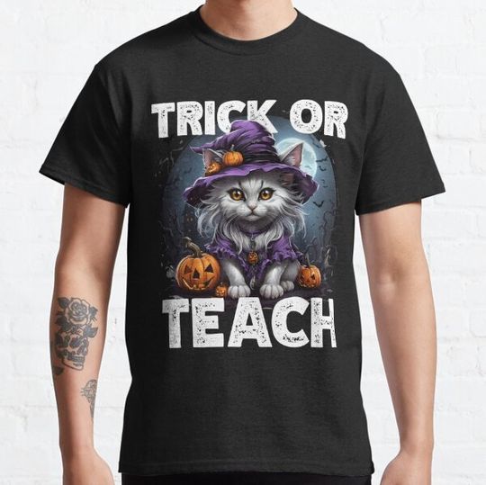 Discover Halloween Trick or TEACH Cute Witch Cat Great Gift For Teachers T-shirts