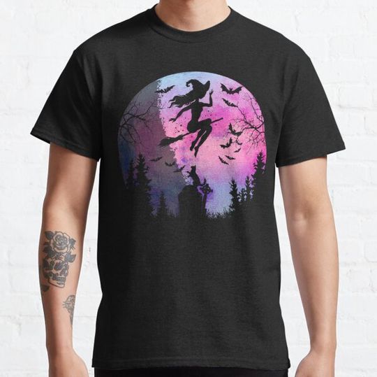 Discover Halloween Frequent Flyer Flying Witch Watercolor Full Moon Cat & Bats Cat Mom's Kitty, Cemetery & A Gravestone T-shirts