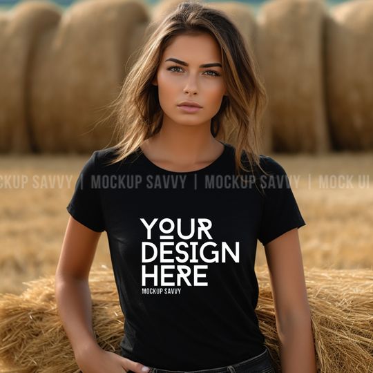 Discover Black Gildan 5000 mockup, T-Shirt Mock up, Fall Halloween T Shirt Mock-Up Woman, Pumpkin Patch Harvest Hay Bale Spooky T Shirt Mockup