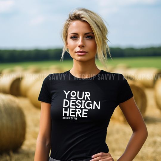 Discover Black Gildan 5000 mockup, T-Shirt Mock up, Fall Halloween T Shirt Mock-Up Woman, Pumpkin Patch Harvest Hay Bale Spooky T Shirt Mockup