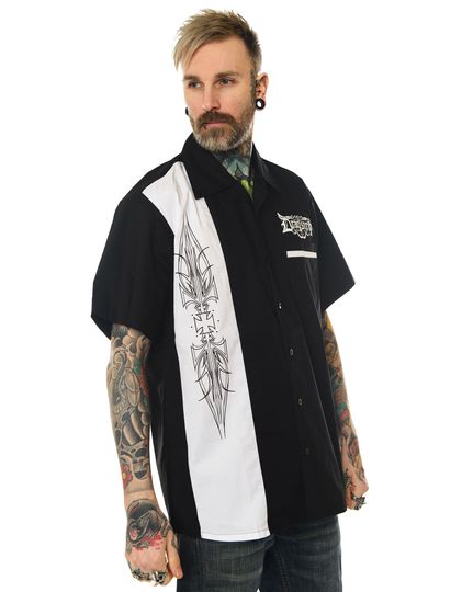 Discover Dragstrip Clothing Mens Bowling Shirt Pinstrip Design white
