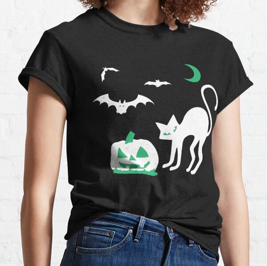 Discover Spooky Halloween Ghosts of Cat Pumpkin Bat Moon Scene T-shirts