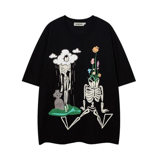 Discover Oversized Skeleton Flower Shirt Streetwear Casual Graphic Tee