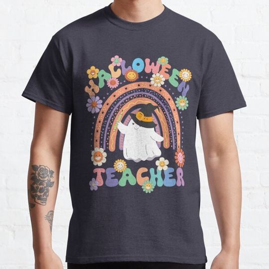 Discover Spooky Halloween Teacher Groovy Rainbow and flower T-shirts