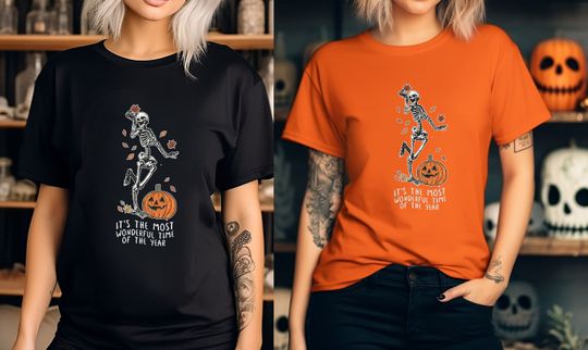 Discover It's the most wonderful time Shirt, Halloween Shirt, Pumpkin Skeleton Dancing Shirt, Halloween Shirt, Spooky Shirt, Skeleton Dancing Shirt