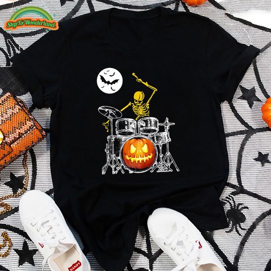 Discover Skeleton Playing Drum Pumpkin Halloween Tshirt, Music Tee, Men's Graphic Shirt, Skeleton Playing Drum Tee, Funny Halloween Tshirt