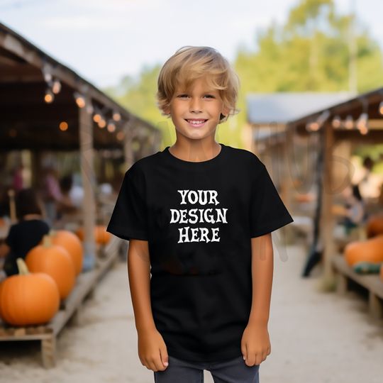 Discover Halloween Kids T-Shirt Mockup, Bella Canvas 3001, Print on Demand Lifestyle Mockup, Boy, Pumpkin Halloween T-Shirt MockUp Gildan Black Shirt
