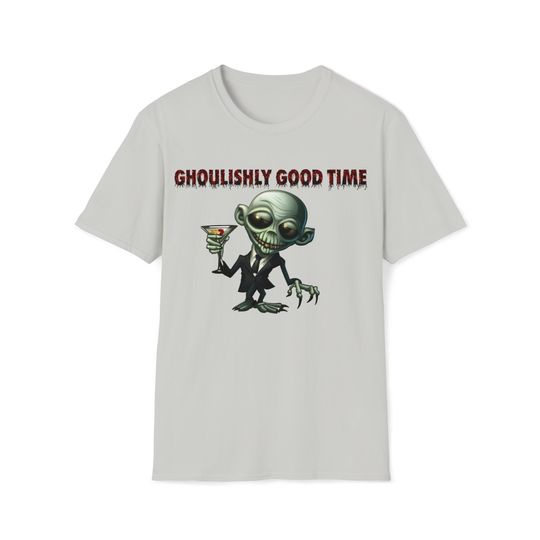 Discover Unisex Cotton T-Shirt | Ghoulishly Good Time | Ghoul with Martini | Halloween Shirt for Men