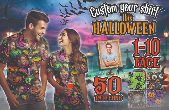 Discover Personalized Face Halloween Hawaiian Shirt, Custom Beach Shirt With Your Photo, Vintage Halloween Hawaii Shirt, Family Beach Shirt Gifts