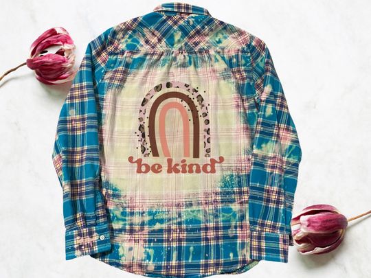 Discover Be kind shirt, graphic upcycled clothing, bleached shirt, flannel shirts, custom made on preloved clothing, boho rainbow