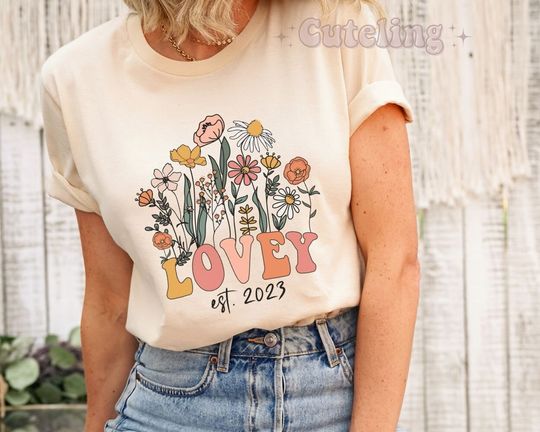 Discover Lovey Shirt, Wildflowers Grandma Shirt, Lovey Est 2023, Gift for New Grandmother, Pregnancy Announcement Grannie Nana Gammy Baby reveal gift