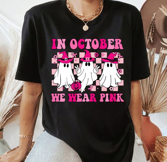 Discover Halloween Ghost Shirt, In October We Wear Pink Shirt, Ghost Halloween Breast Cancer Awareness Shirt, Cancer  Warrior T-Shirt