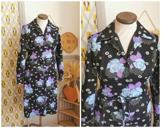 Discover Vintage 70s floral shirt dress, dagger collar,Button down, black purple, blue,roses, daisies,Boho hippie, autumn, belted,midi dress, c and a