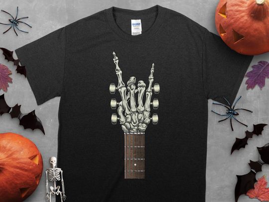 Discover Rock On Skeleton Hand Guitar T-Shirt