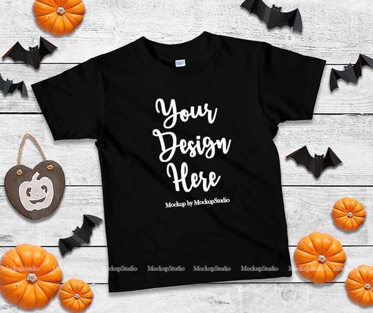 Discover Halloween Kids Black Tshirt Mockup, Fall T-shirt Flat Lay, Kids American Apparel 2105 Teen Youth Shirt Mock Up, Autumn Halloween Tee Display