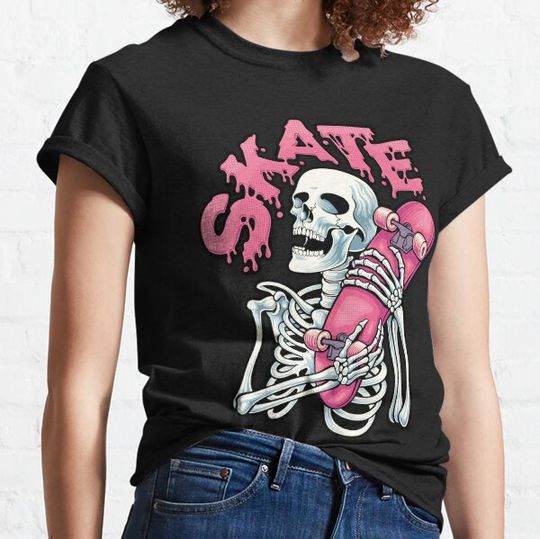 Discover Happy Skeleton Holding Skateboard T-shirt, Skateboarding T-shirt, Birthday gifts for skaters T-shirts
