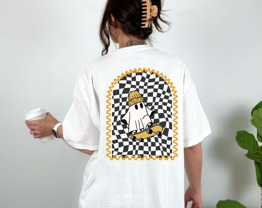 Discover Halloween T-Shirt Checkerboard Shirt Ghost T-shirt Skateboarding Ghost Cute Spooky Season Shirt. Skater Shirt Cool Girl 