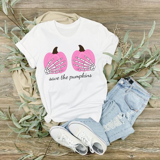 Discover Save the Pumkins PNG breast cancer shirt, Halloween skeleton hands PNG, Pink October sublimation design