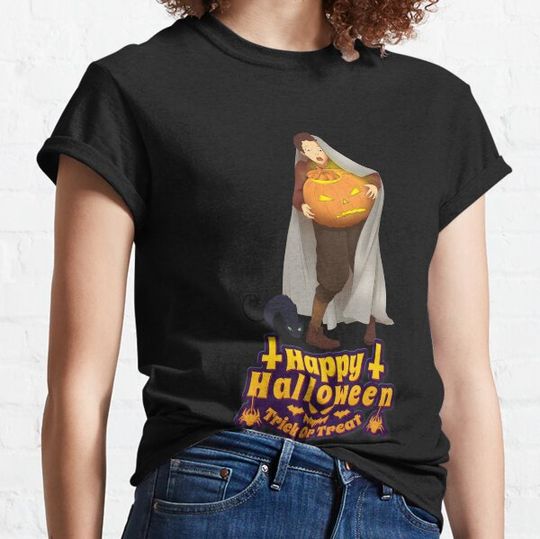 Discover Boy with Heavy Pumpkin and Ghost Cat Classic Art T-shirts