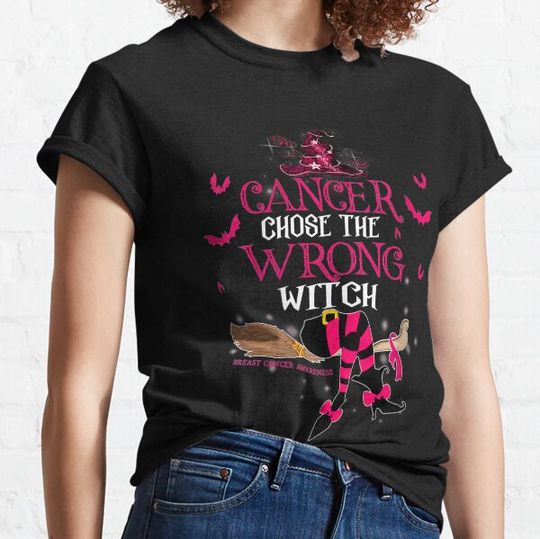 Discover Womens Breast Cancer Chose The Wrong Witch Breast Cancer Halloween V-neck Shirt T-shirts