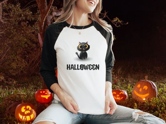 Discover Black Cat Halloween Raglan | Spooky | Baseball Tee | Holiday | October 31 | Wednesday Shirt | Women's | Men's | Halloween Raglan | Gift
