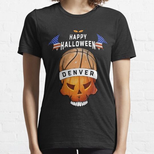 Discover Happy Halloween Denver Pumpkin Skeleton Basketball T-Shirt For Basketball Lovers Sticker T-shirts