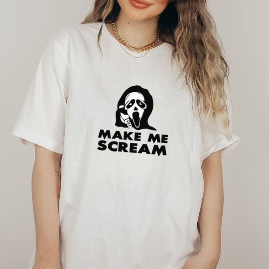 Discover Funny Make Me Scream, Soft Unisex T-Shirt, Ghostface Shirt, Adult Halloween Shirt, Trick or Treat Shirt, Horror Movie Tee, Fall Shirt Women
