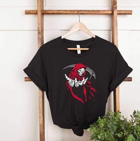 Discover Grim Reaper Skull Red Hood Tshirt, God Angel of Death Ghost Shirt, Hooded Grim Reaper Skull Sweatshirt, Skeleton Shirt, Scary and Spooky Tee
