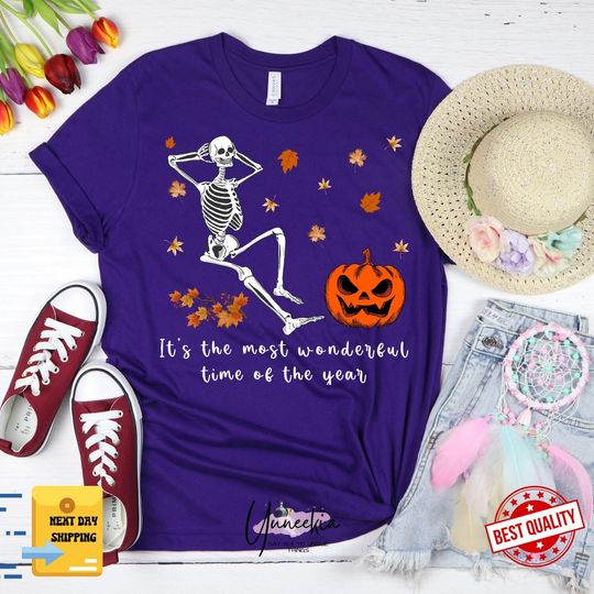 Discover It's The Most Wonderful Time Of The Year Shirt, Fall Shirt, Pumpkin Shirt, Skeleton Tee, Fall Season Gifts, Spooky Scary Skeleton Tee