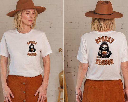 Discover Front and Back Print Spooky Season Oversized Fall tee Gift for Wife. Coffee Lovers Halloween Shirt.Embroidered Ghost with .