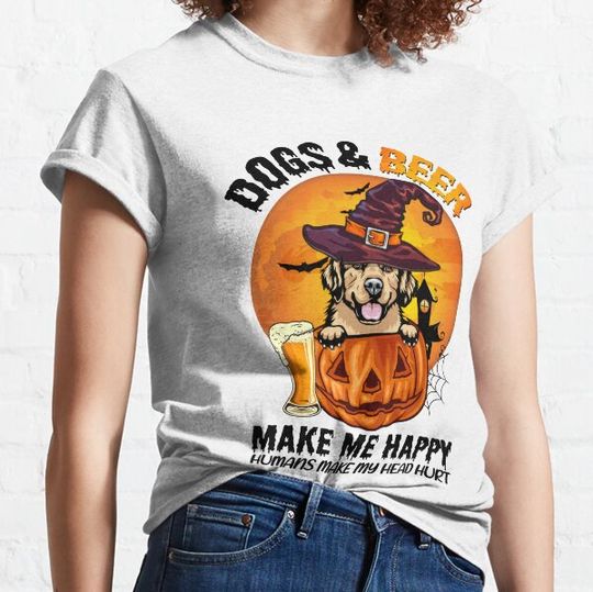 Discover Dogs And Beer Make Me Happy Halloween Golden Retriever Pumpkin Beer Lover T-shirts