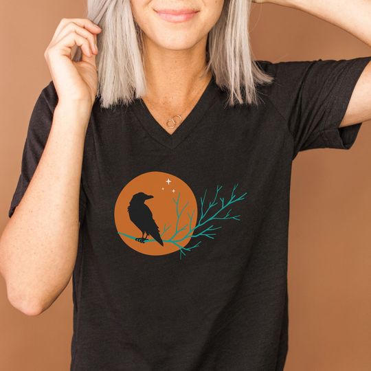 Discover Raven Shirt, Black Crow with Harvest Moon, Halloween Shirt V-Neck