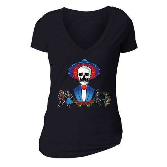 Discover Women's Mustache Skull Hat Blue Jacket Sugar Day of the Dead Dia De Los Muertos Mexican Heritage V-Neck  T-Shirt Black