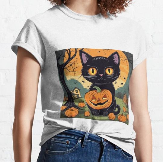 Discover Halloween Magic: Cute Black Cat and the Enchanted Pumpkin T-shirts