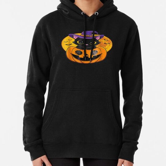 Discover Halloween cute black cat witch hat pumpkin and spider Hoodies