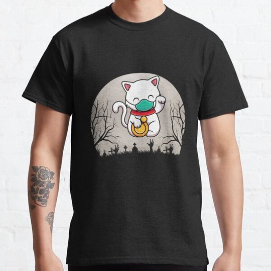 Discover Vintage Scary Halloween White Cute Cat Wearing  a Mask Moon T-shirts