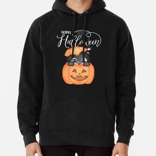 Discover Happy Halloween Cute Black Cat in a Pumpkin Hoodies