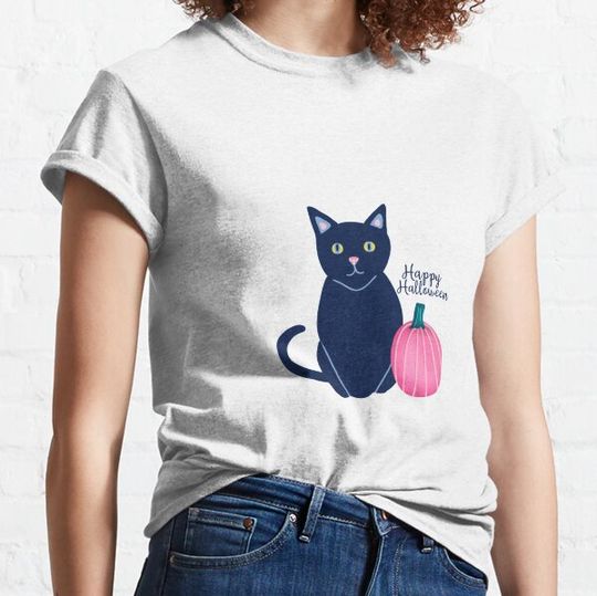 Discover Black cat and pink pumpkin Happy Halloween T-shirts