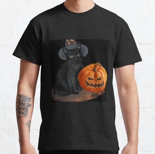 Discover Halloween Cat with Scary Orange Pumpkin and Party Hat T-shirts