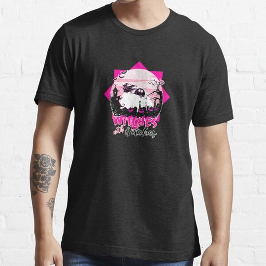 Discover Womens Witches With Hitches Halloween Pink Haunted House Spooky T-Shirt T-shirts