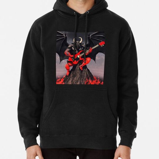 Discover Hellfire Melodies: Guitar-Playing Red and Black Demon Soars Over Erupting Volcano Hoodies