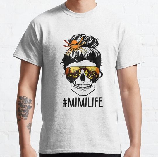 Discover Mimi Life Messy Bun Skull Halloween With Pumpkin Glasses Christians Halloween Mother Day T-shirts