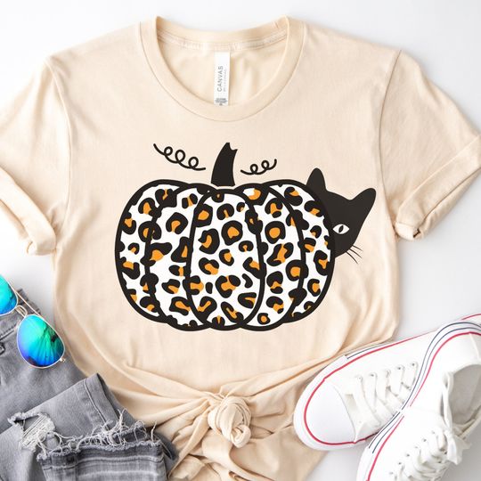 Discover Leopard Print Pumpkin Graphic Tee for Cat Lovers