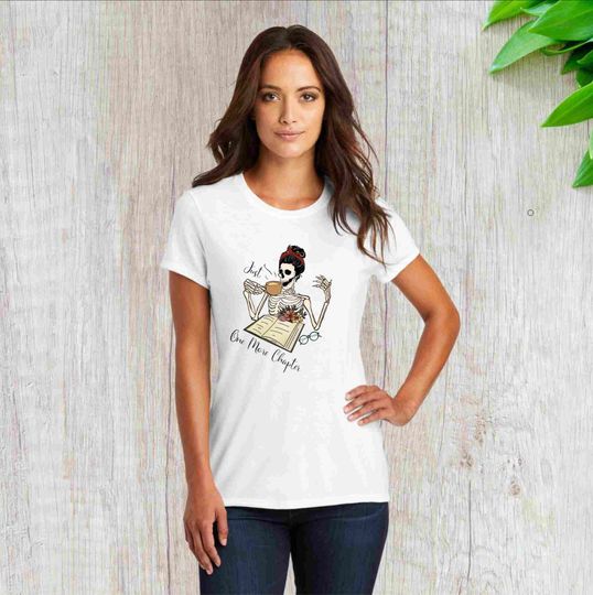 Discover skeleton and book, book and coffee, halloween 2023,  just one more chapter, funny shirt, unique halloween shirt, book lover gift,