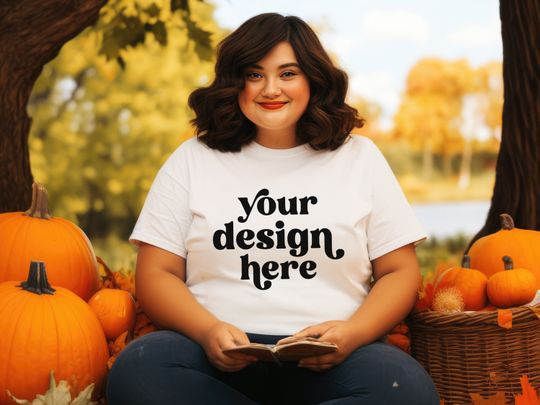 Discover Autumn Bella Canvas 3001 T-Shirt Mockup | Plus Size Brunette Model | Fall Pumpkin Picnic With Colorful Leaves | Digital Download