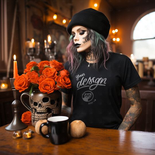 Discover Woman Black T-Shirt Mockup for Halloween
